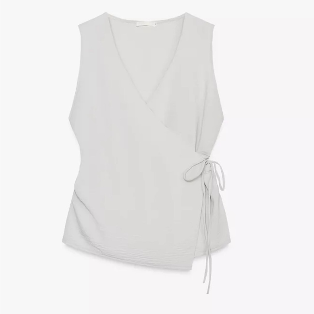 Zara Gray Sleeveless Wrap Blouse with Tie Front
